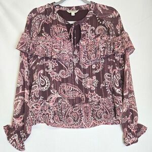 Frye And Co Paisley Print Ruffle Long Sleeve Boho Blouse Burgundy Red Pink Small